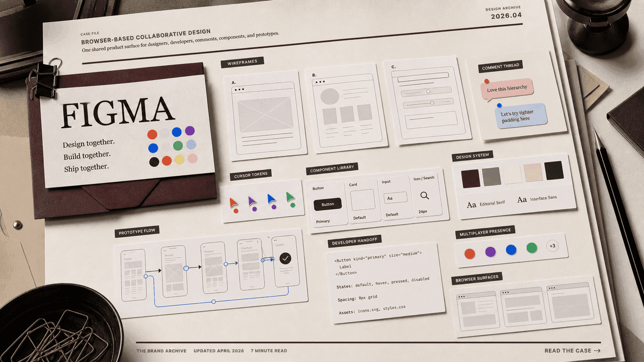 Premium editorial still-life of a Figma collaborative design case with source-mark card, wireframe cards, cursor tokens, comment pins, component tiles, prototype flow, design-system swatches, and developer handoff note