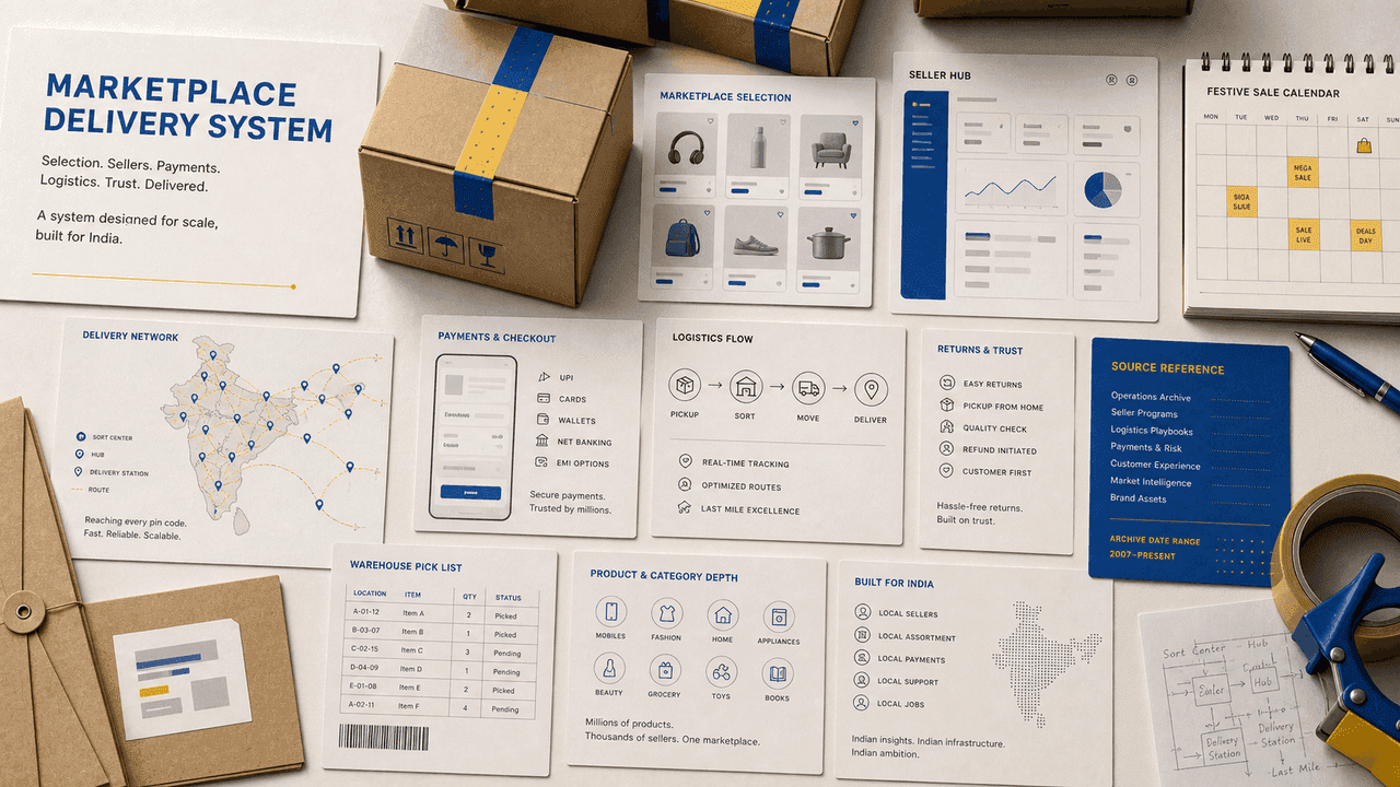 Premium editorial still-life of a Flipkart marketplace-delivery trust case with parcel stack, marketplace product-card sheet, seller dashboard card, delivery route map, festive sale calendar, checkout card, warehouse pick-list, and returns checklist