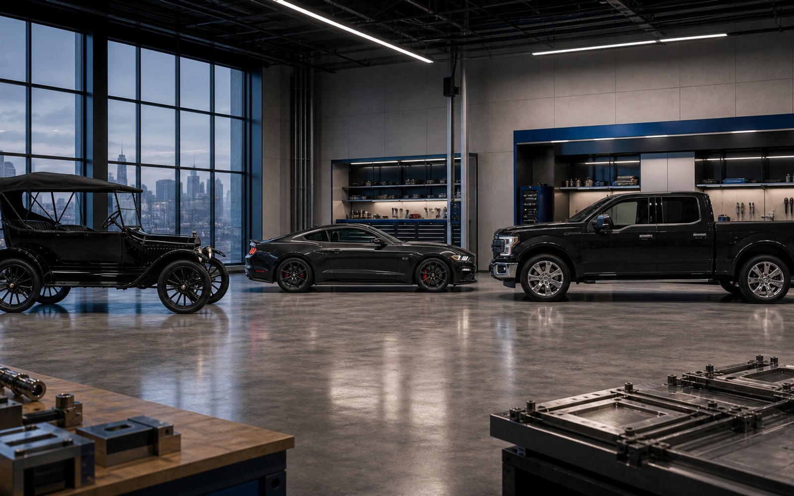Ford product-family scene with Model T style car, Mustang style coupe, and F-Series style pickup in a design studio.