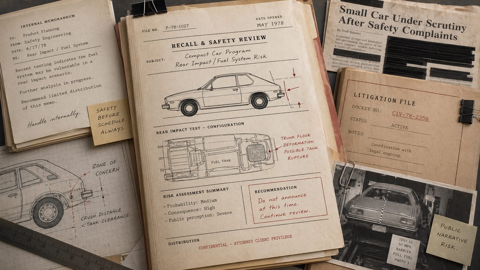 Premium editorial still-life of a compact car outline, rear-impact diagram, safety memo, and recall file