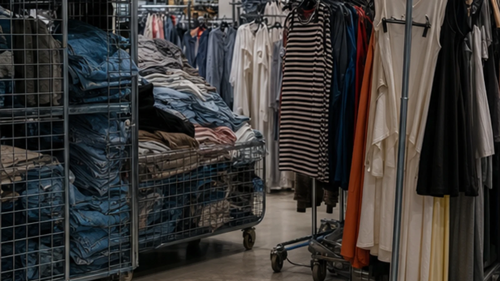 Garment racks and replenishment carts inside a fast-fashion operation.