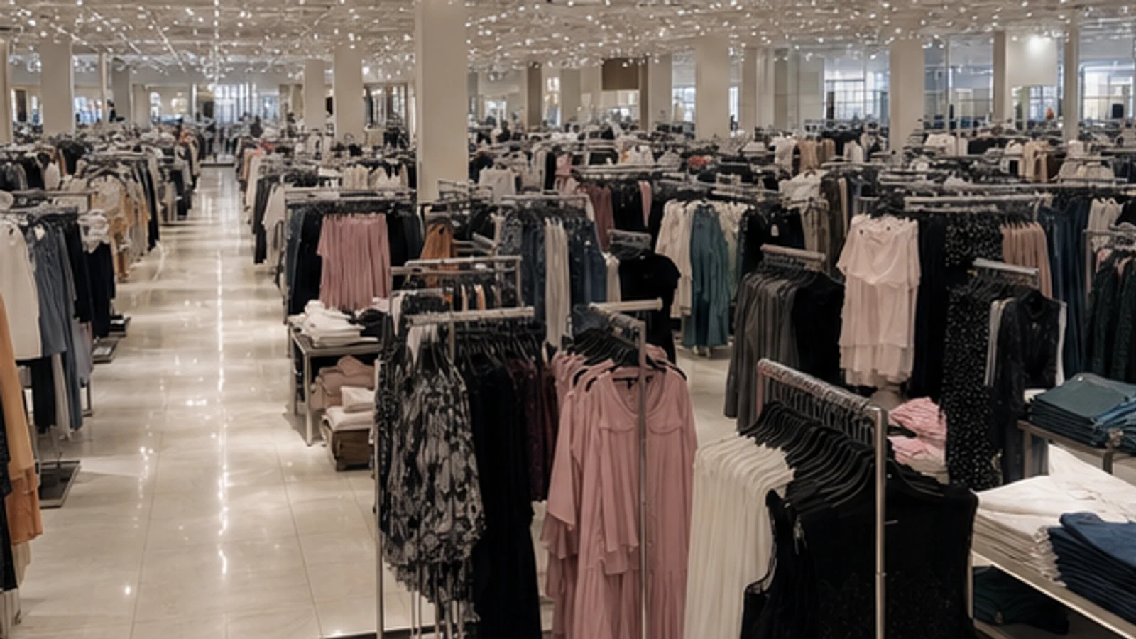A vast fast-fashion store floor with dense apparel racks and long sightlines.