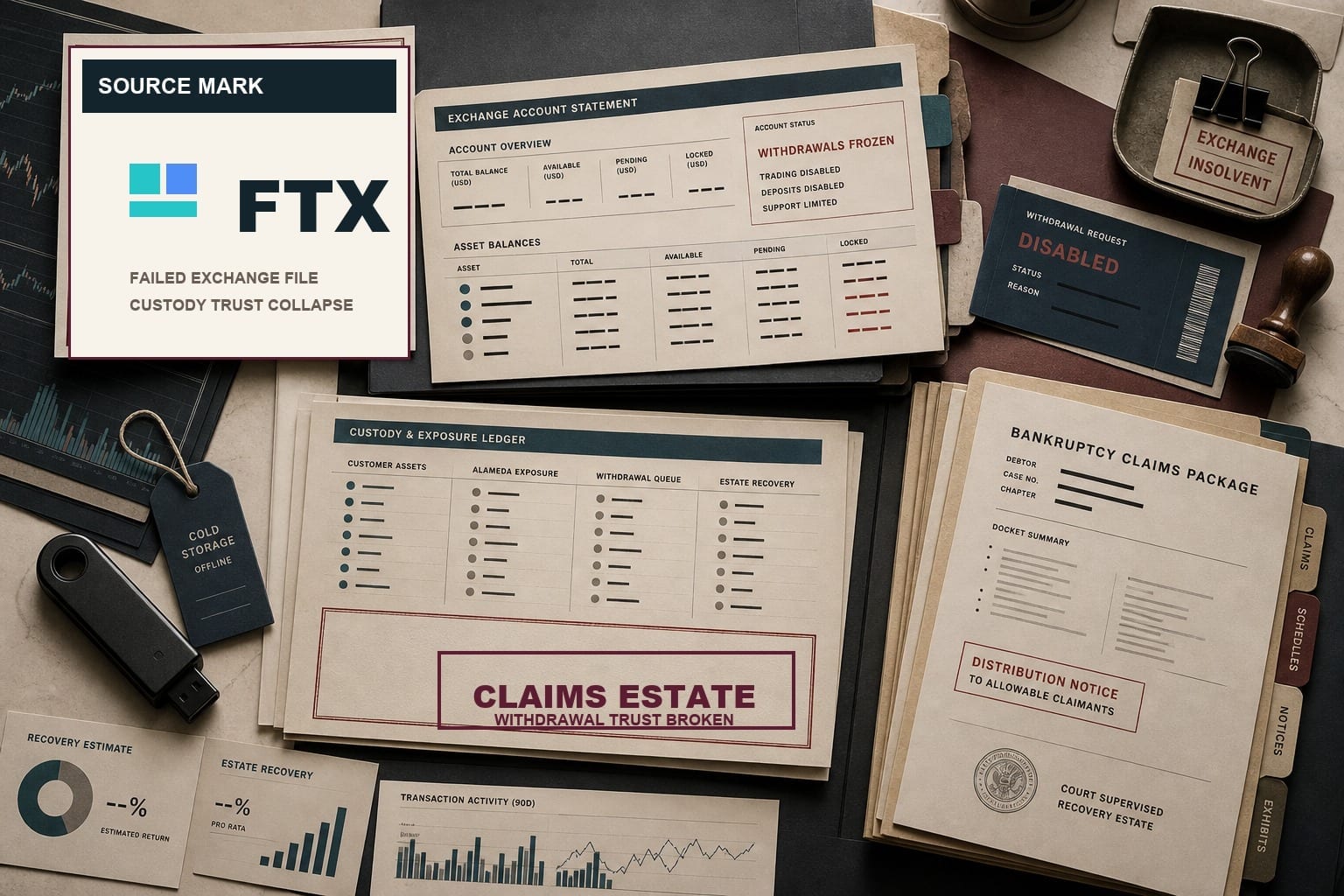 Premium editorial still-life of an FTX failed-brand case with frozen withdrawal statement, custody ledger, claims estate stamp, bankruptcy packet, cold-storage tag, and trust-risk evidence