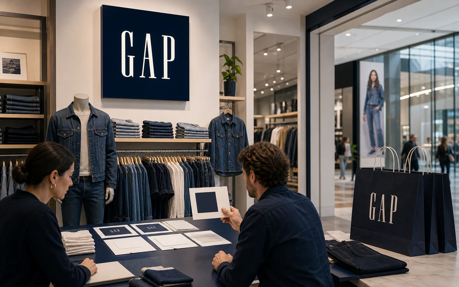 Gap retail store visual with classic blue square sign and denim context.