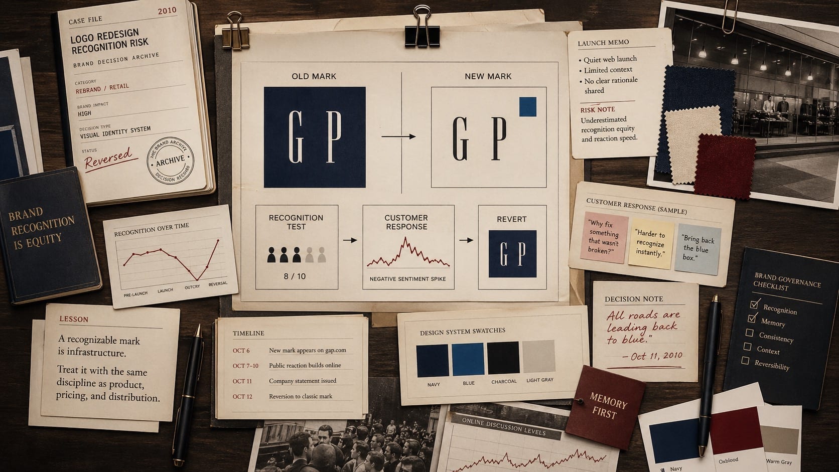 Premium editorial still-life of a 2010 retail logo redesign Brand Signal Card, old mark and new mark recognition boards, customer response notes, reversal memo, timeline cards, and brand governance checklist