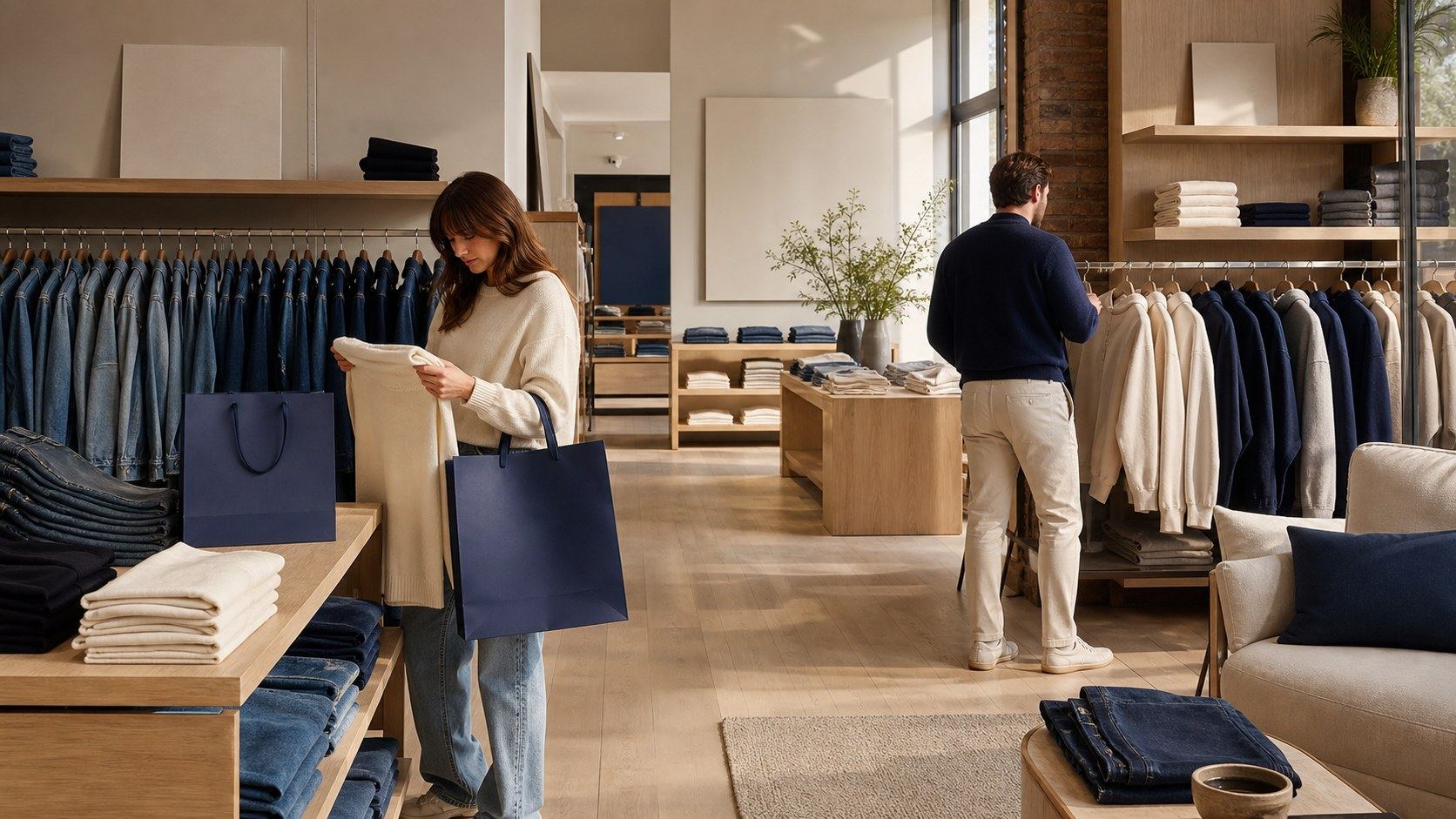 Unbranded casualwear store with denim, cream basics, fleece, navy bags, and customers browsing.