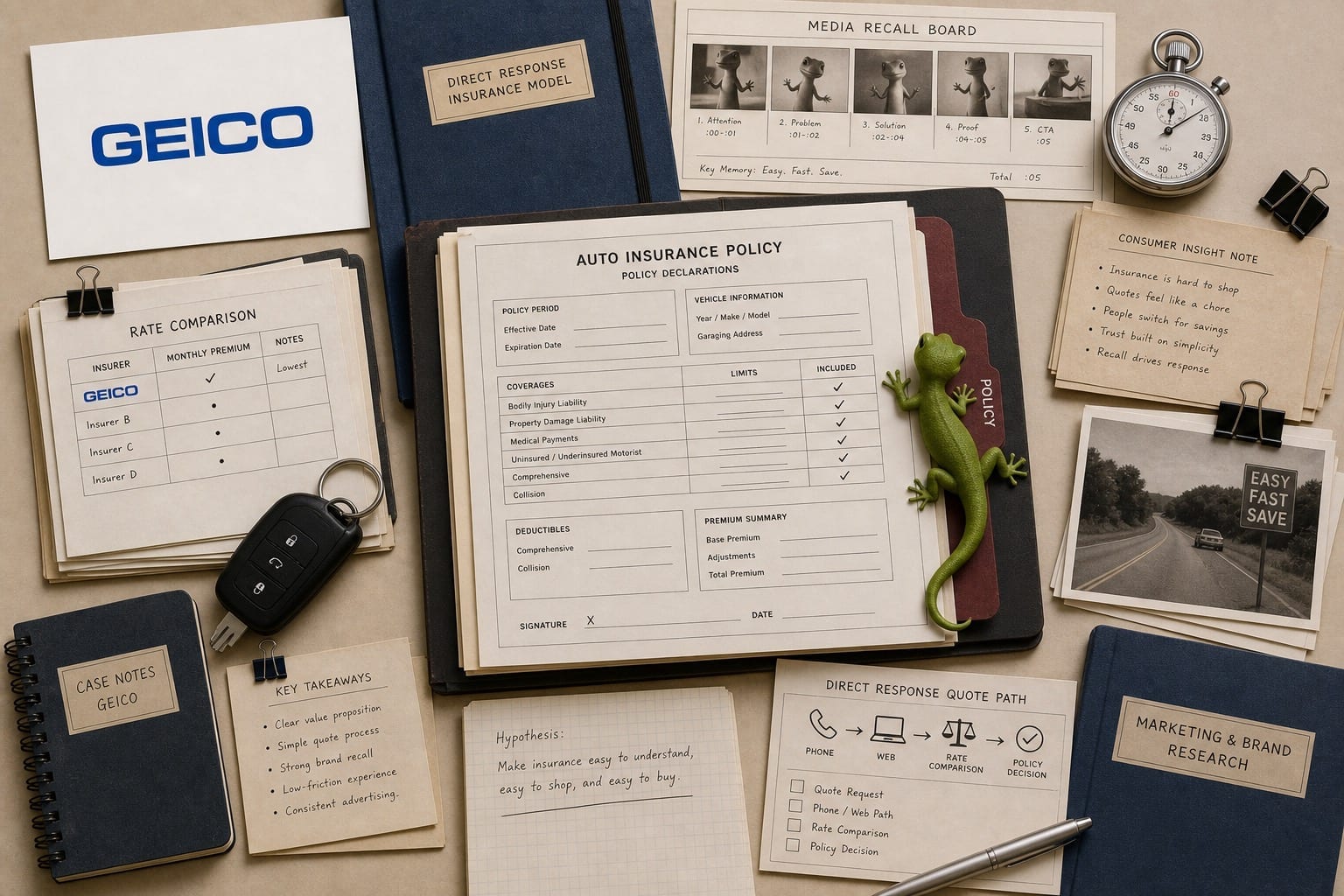 Premium editorial still-life of a GEICO insurance recall case with a GEICO source-mark card, central auto insurance policy declarations packet, rate comparison sheet, direct-response quote path, media recall board, stopwatch, car key, green gecko memory cue, and brand research folders