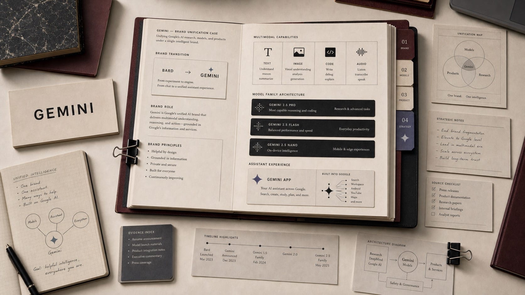 Premium editorial still-life of a Gemini AI brand-unification case with a Gemini source-mark card, Bard-to-Gemini route card, multimodal text image code audio cards, and model-family architecture strips