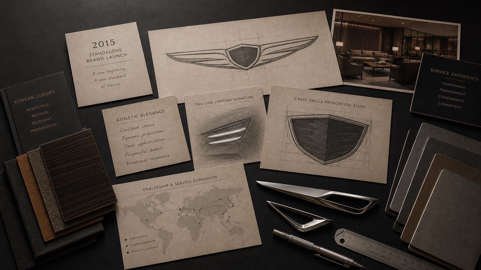 Premium editorial still-life of a Genesis two-lines luxury case with winged crest study, 2015 standalone launch card, Athletic Elegance note, two parallel light-line sketch, shield grille study, Korean luxury material samples, service lounge card, and metal trim pieces