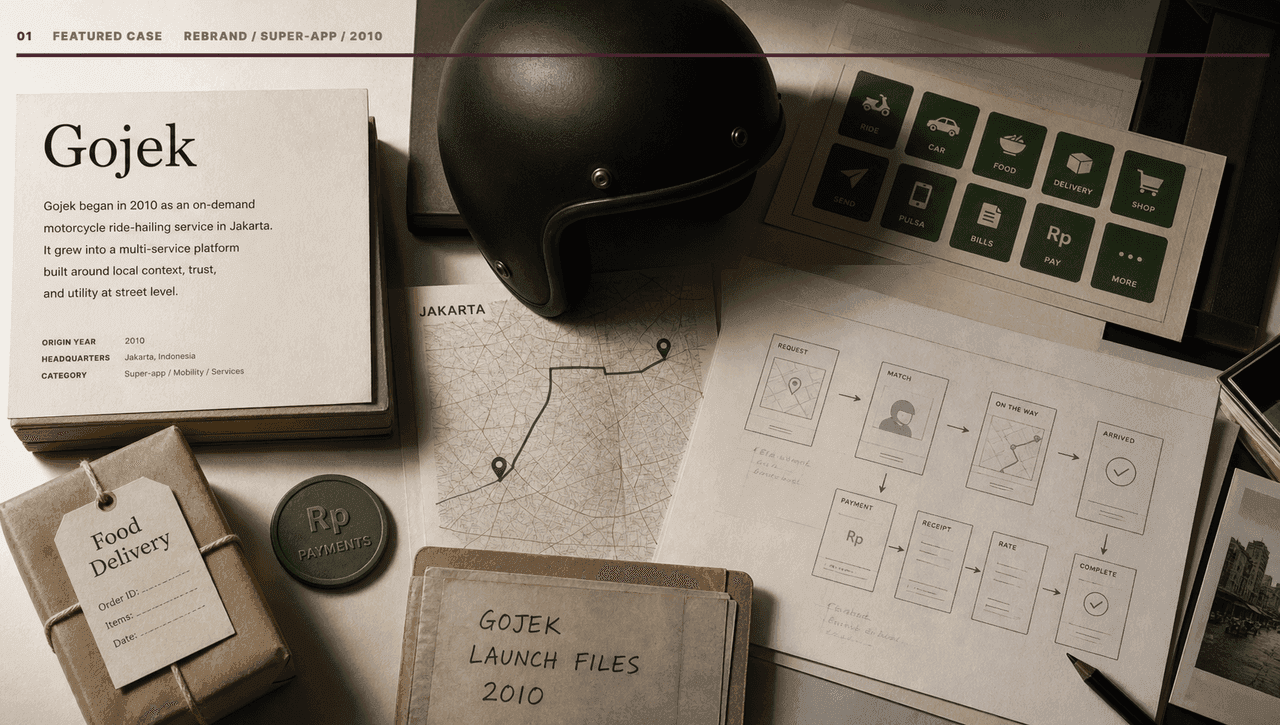 Premium editorial still-life of a Gojek ojek super-app case with source-mark card, green service tiles, Jakarta route map, motorcycle helmet silhouette, app flow wireframe, food parcel tag, payments token, and 2010 origin file