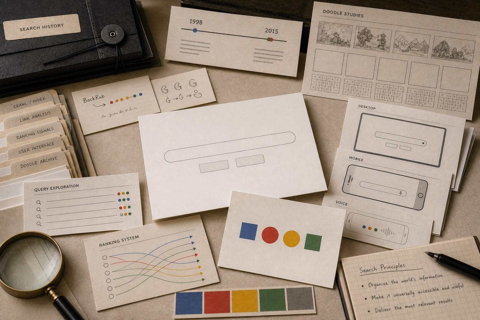 Premium editorial still-life of a Google multicolor search recognition case with a blank search page card, multicolor source-mark card, query cards, Doodle studies, crawl index folders, device cards, and ranking diagrams