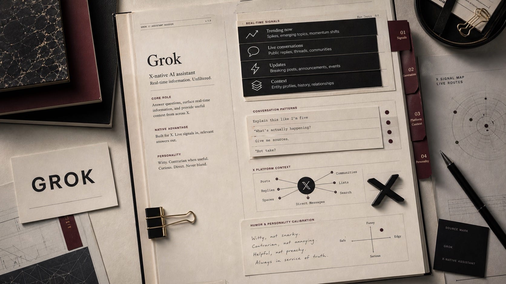 Premium editorial still-life of a Grok AI assistant case with a Grok source-mark card, live signal strips, X-platform route map, conversation cards, and personality calibration notes