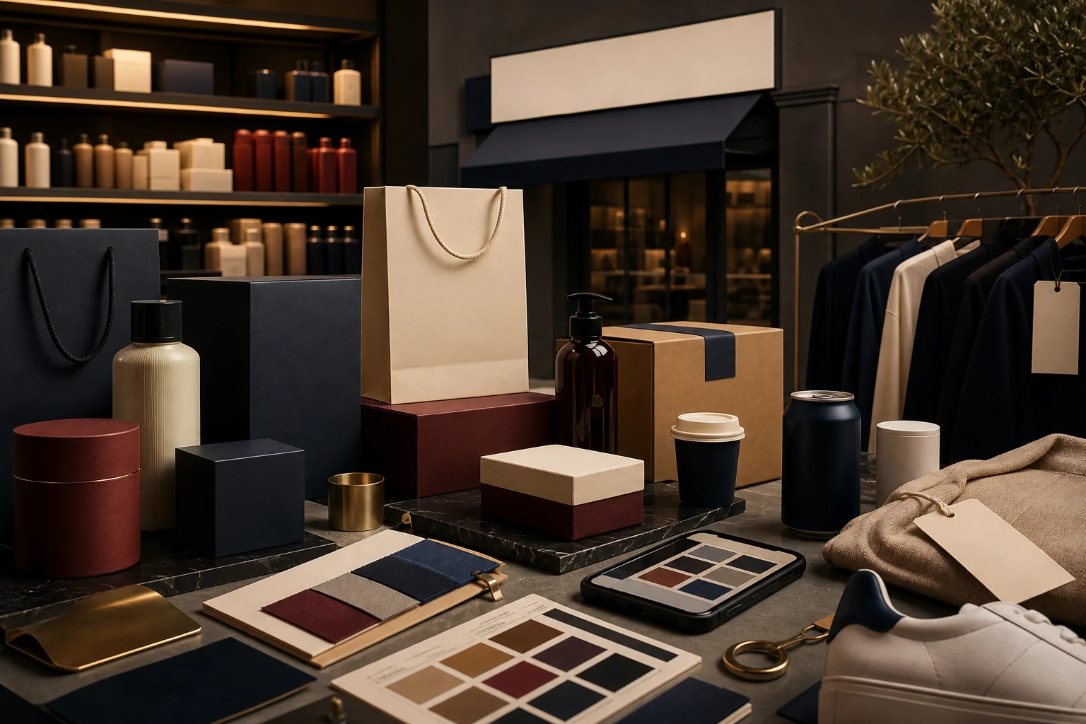 Premium brand-world still-life with blank packaging, retail shelves, shopping bags, storefront cues, color systems, product forms, and tags for Grow Your Brand