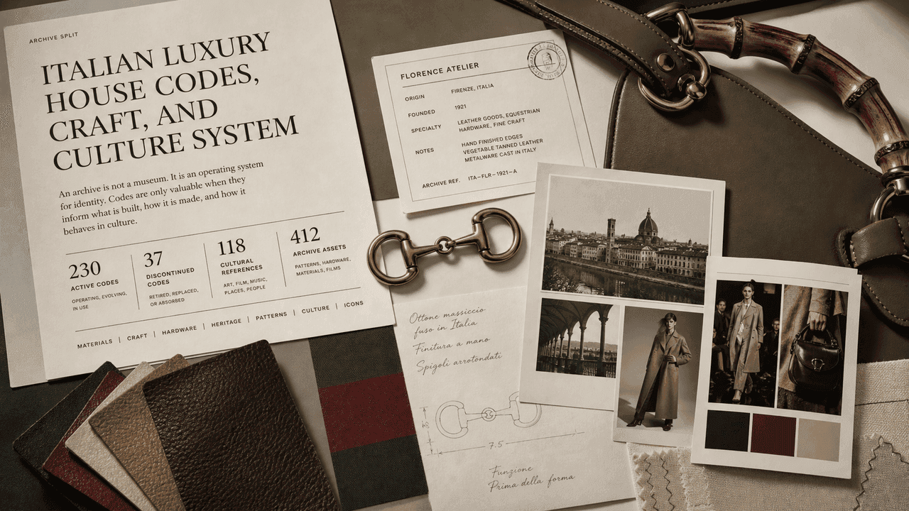 Premium editorial still-life of a Gucci house-code case with leather swatches, generic bamboo-handle study, horsebit-inspired hardware, green-red abstract color slips, Florence atelier card, runway clippings, and craft notes