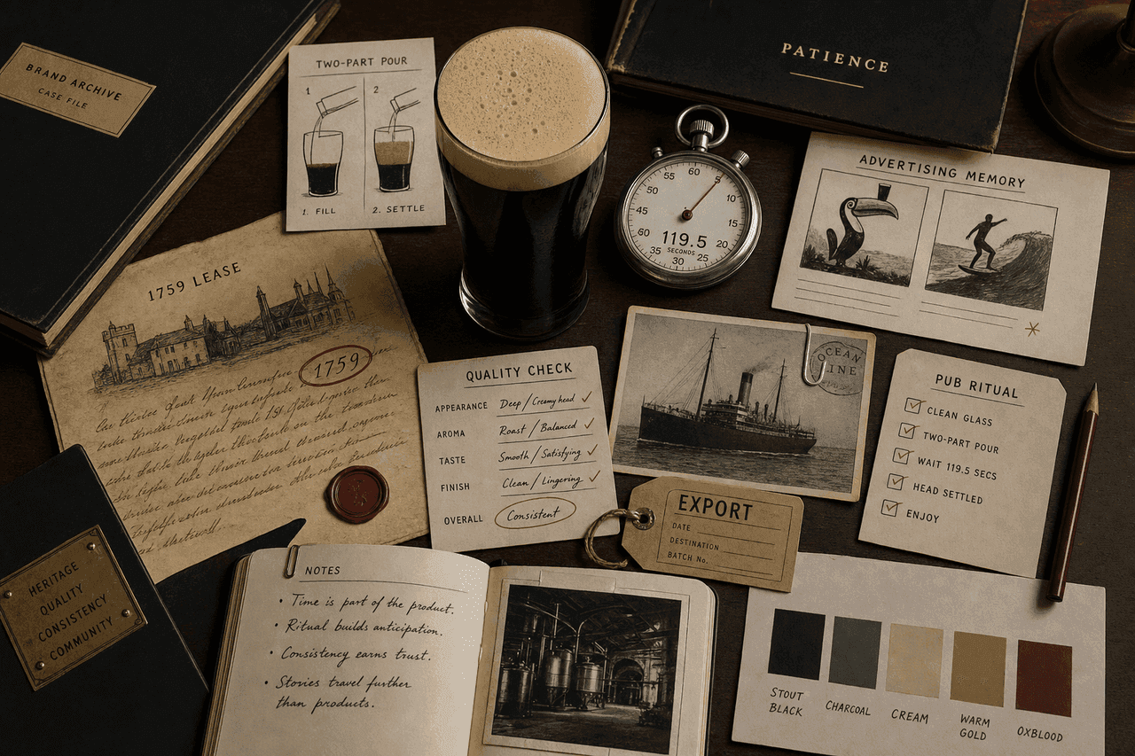 Premium editorial still-life of a Guinness patience and pour ritual case with a generic dark stout pint, stopwatch reading 119.5 seconds, two-part pour cards, 1759 lease notes, quality check sheets, export tags, and generic advertising storyboards