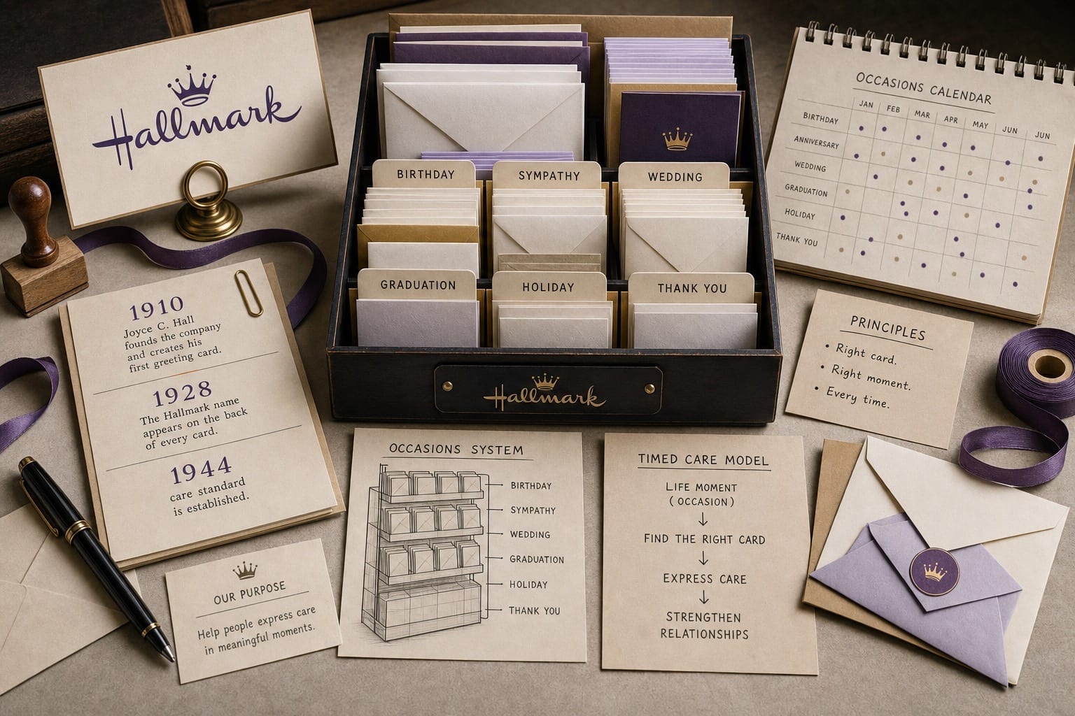 Premium editorial still-life of a Hallmark greeting-card timing case with card display tray, Hallmark source-mark card, envelopes, occasion tabs, calendar board, 1910 card, 1928 note, and care-standard card