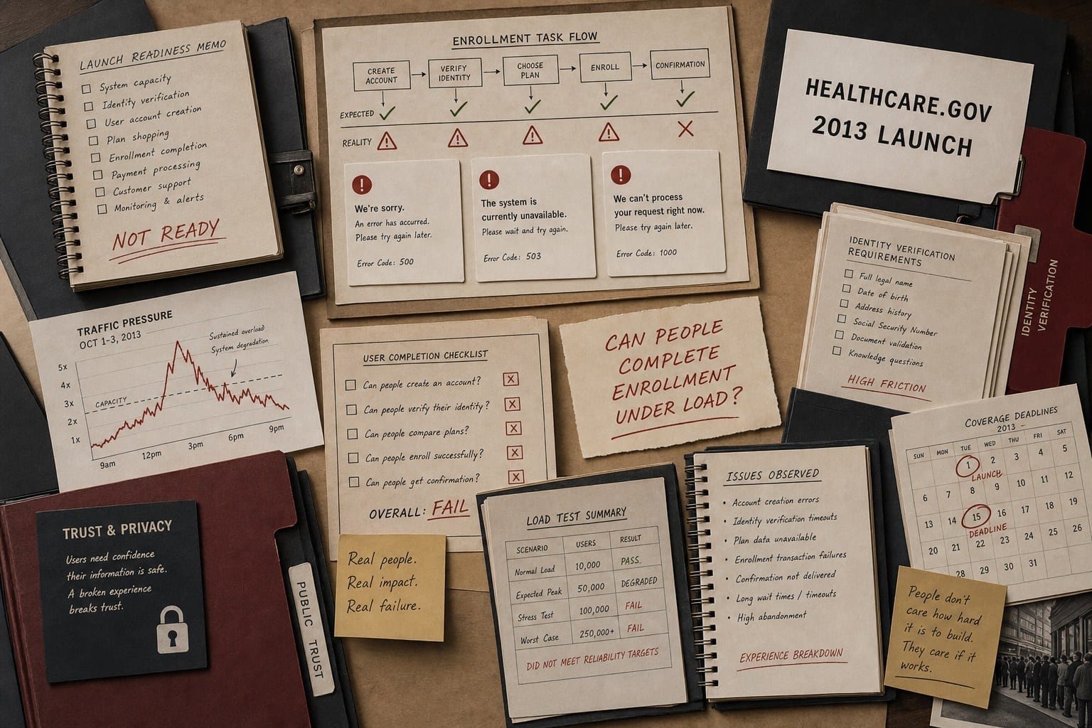 Premium editorial still-life of a HealthCare.gov launch failure case with source-mark card, generic enrollment forms, deadline calendar, identity verification folder, load-test sheets, error cards, traffic chart, privacy note, and readiness memo