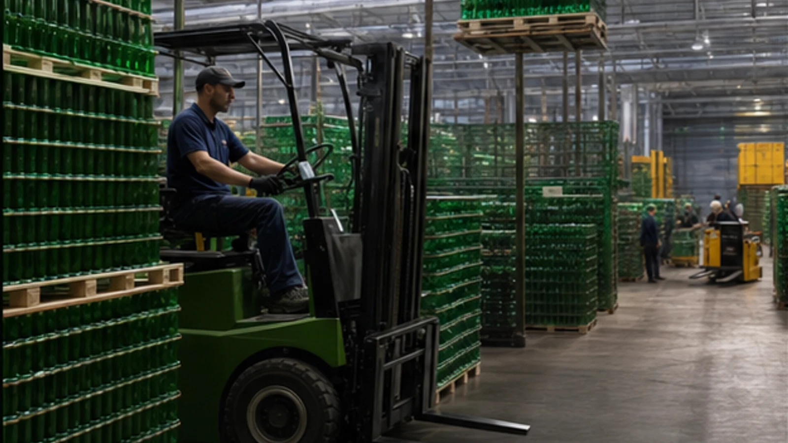 Modern beverage distribution warehouse with green glass bottles and no readable labels.