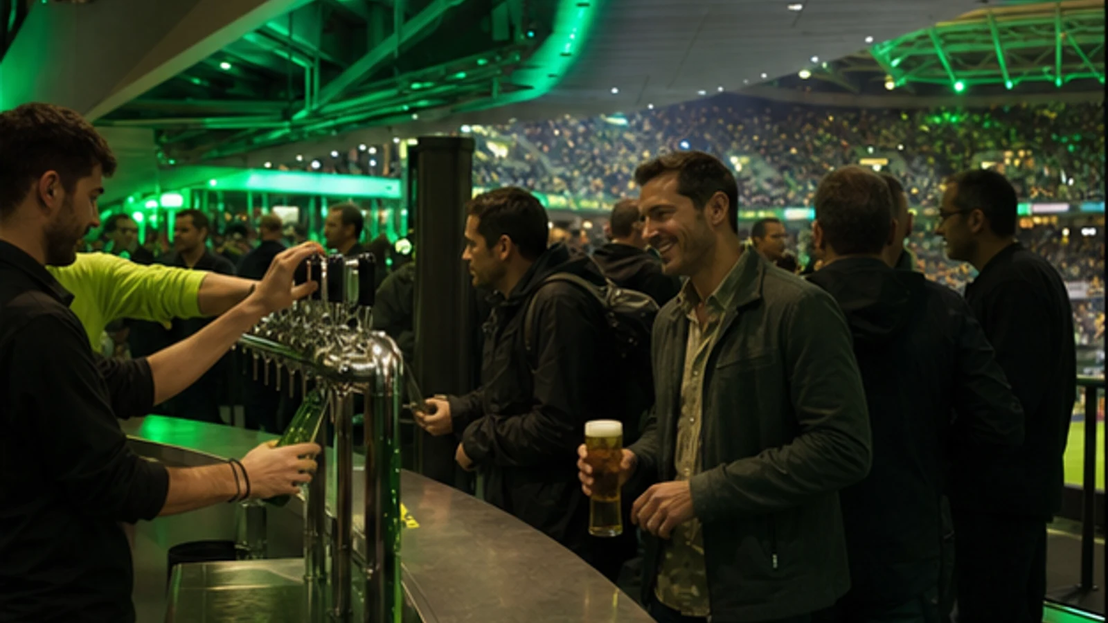 Premium stadium hospitality setting with adults and no visible brand marks.
