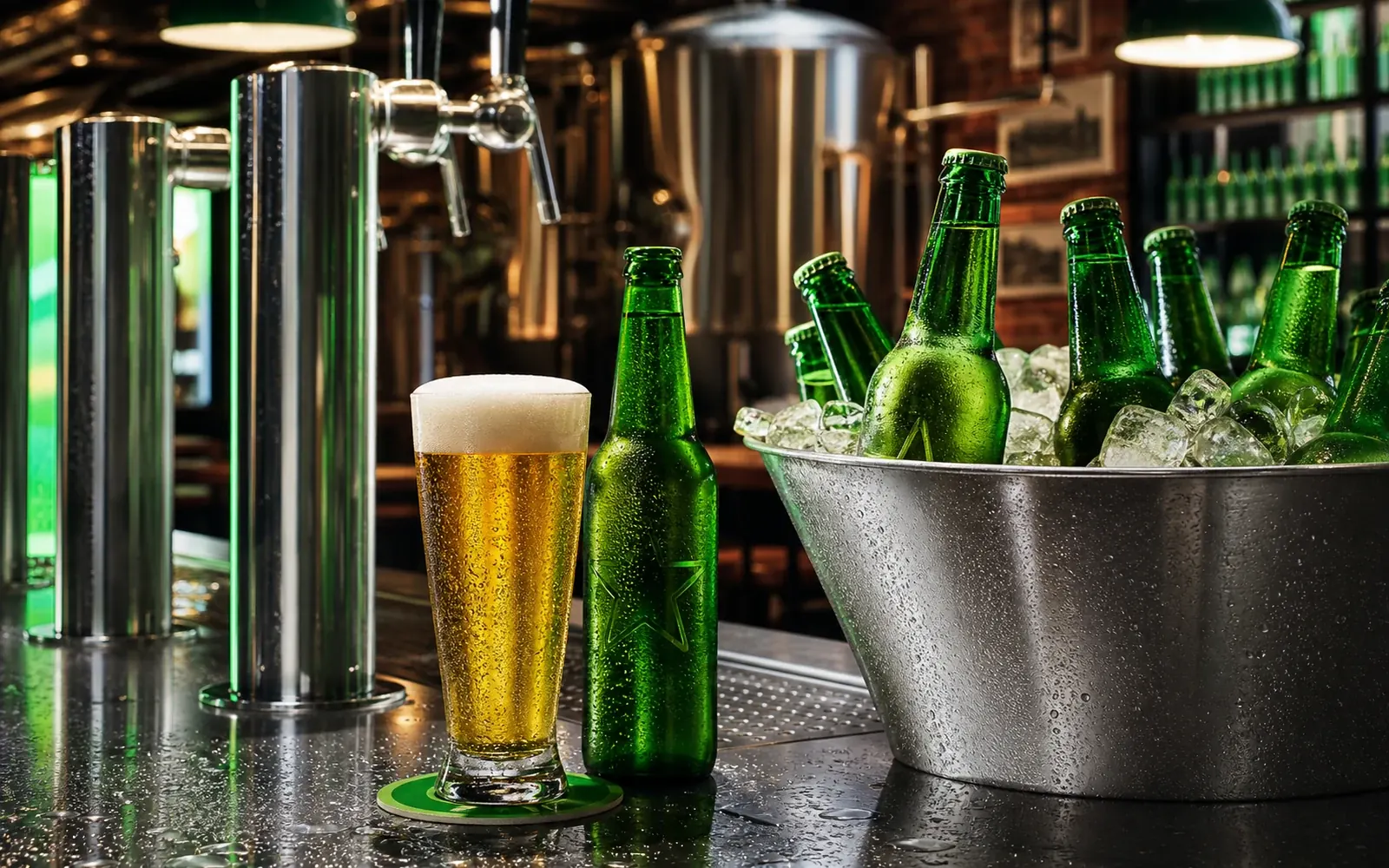Green bottles, poured lager, and a chilled ice bucket on a dark hospitality bar.