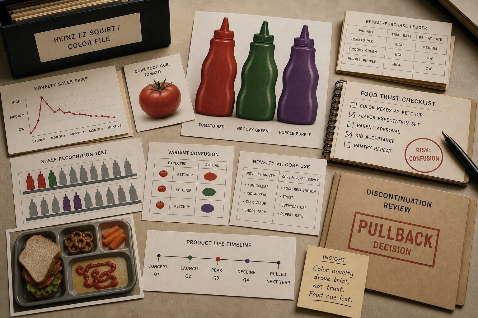 Premium editorial still-life of a Heinz EZ Squirt color novelty case with source-mark card, colored squeeze bottle silhouettes, tomato card, lunch tray cue, color swatches, shelf-recognition cards, novelty sales ledger, repeat-purchase checklist, and pullback folder