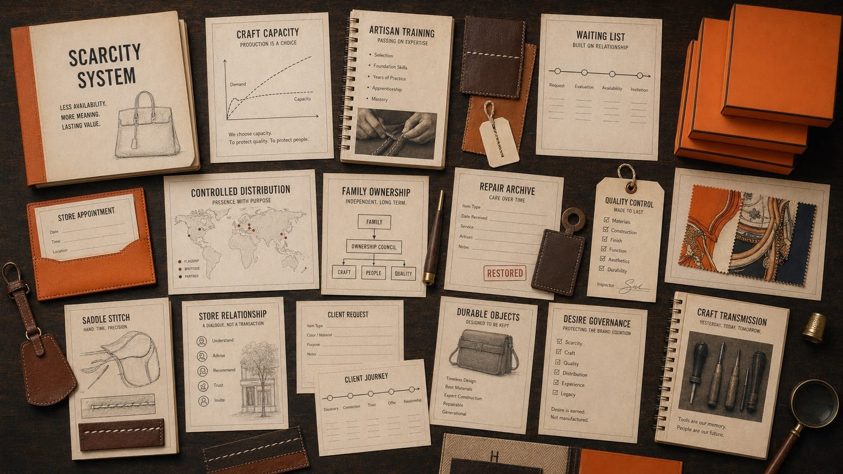 Premium editorial still-life of a Hermes luxury governance case board with generic leather swatches, saddle-stitch samples, artisan training notebook, workshop capacity ledger, store appointment cards, client request file, waiting-list timeline, controlled distribution map, repair archive ticket, quality-control tags, family ownership chart, durable object memo, and orange presentation boxes without logos