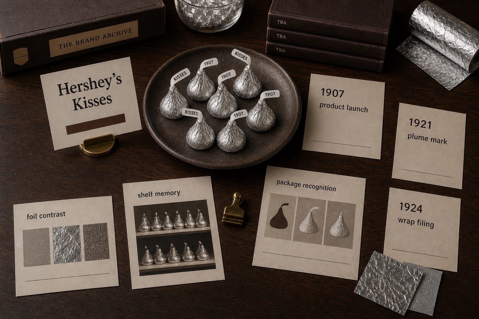 Premium editorial still-life of a Hershey's Kisses plume wrapper recognition case with a source-mark card, silver wrapped chocolates, plume tabs, package-recognition notes, foil swatches, and shelf-memory study