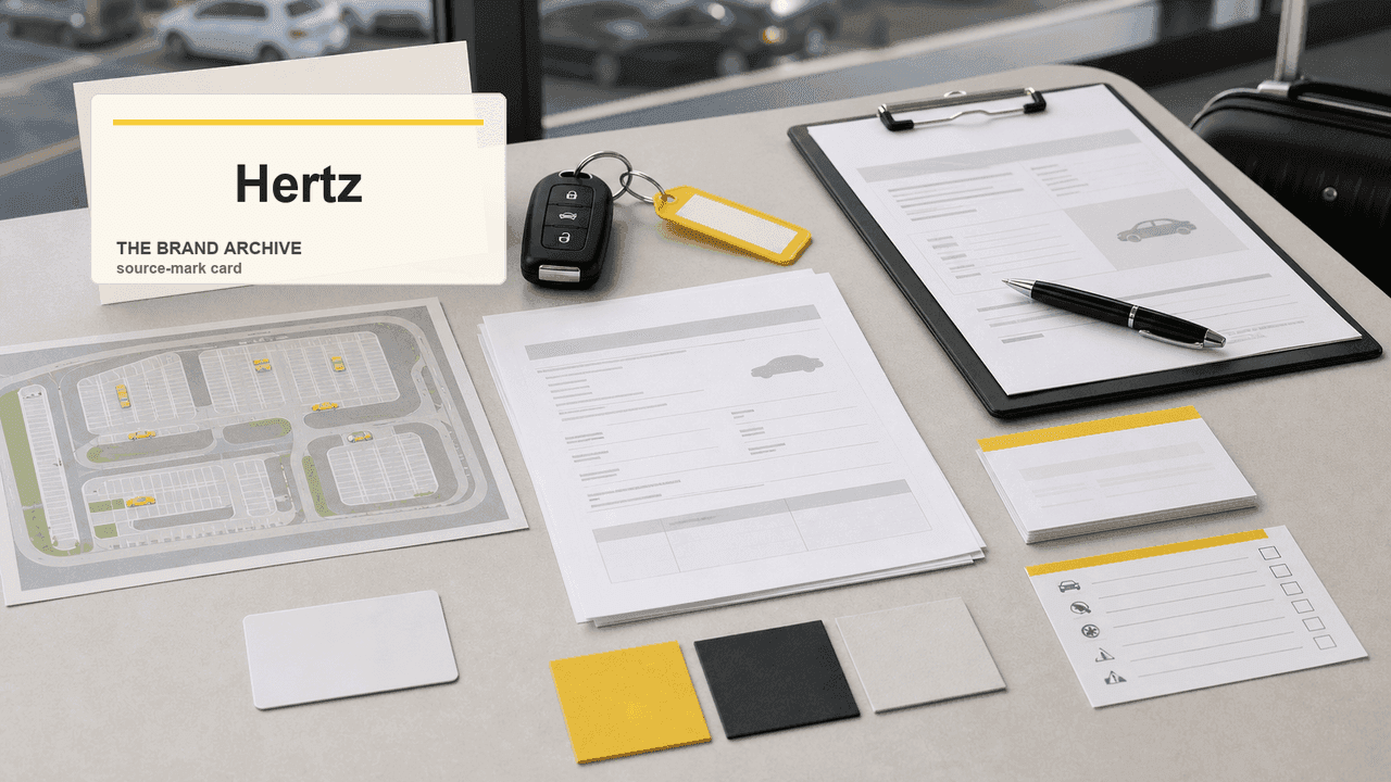 Premium editorial still-life of a Hertz airport rental car case with Hertz source-mark card, generic car key fob, rental agreement dummy, fleet lot map, membership card, exit-gate slip, cleaning checklist, luggage tag, and yellow, black, white, and gray swatches