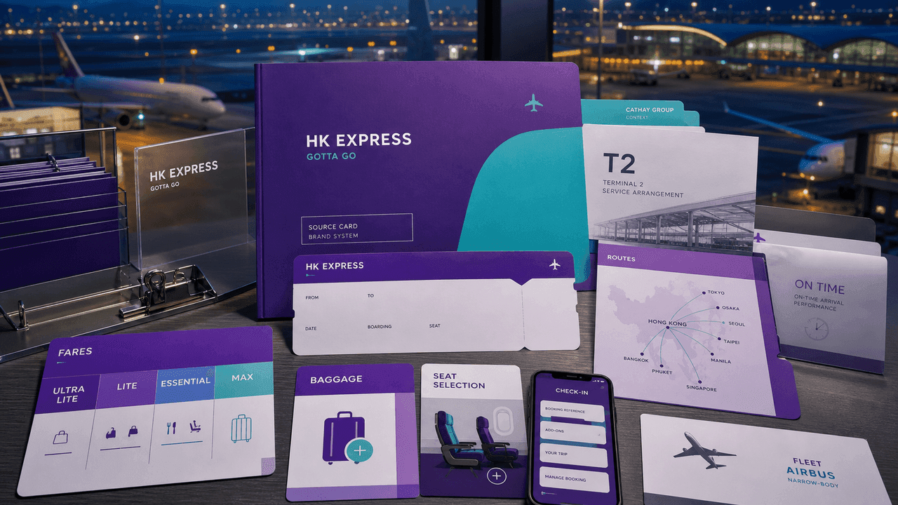 Premium AI-generated editorial table still-life for the HK Express case with Hong Kong airport backdrop, purple source-card folder, blank boarding pass, mobile booking app, routes map, fares card, baggage card, seats card, priority boarding tag, safety card, A321neo fleet folder, Cathay Group governance file, and intermodal pass