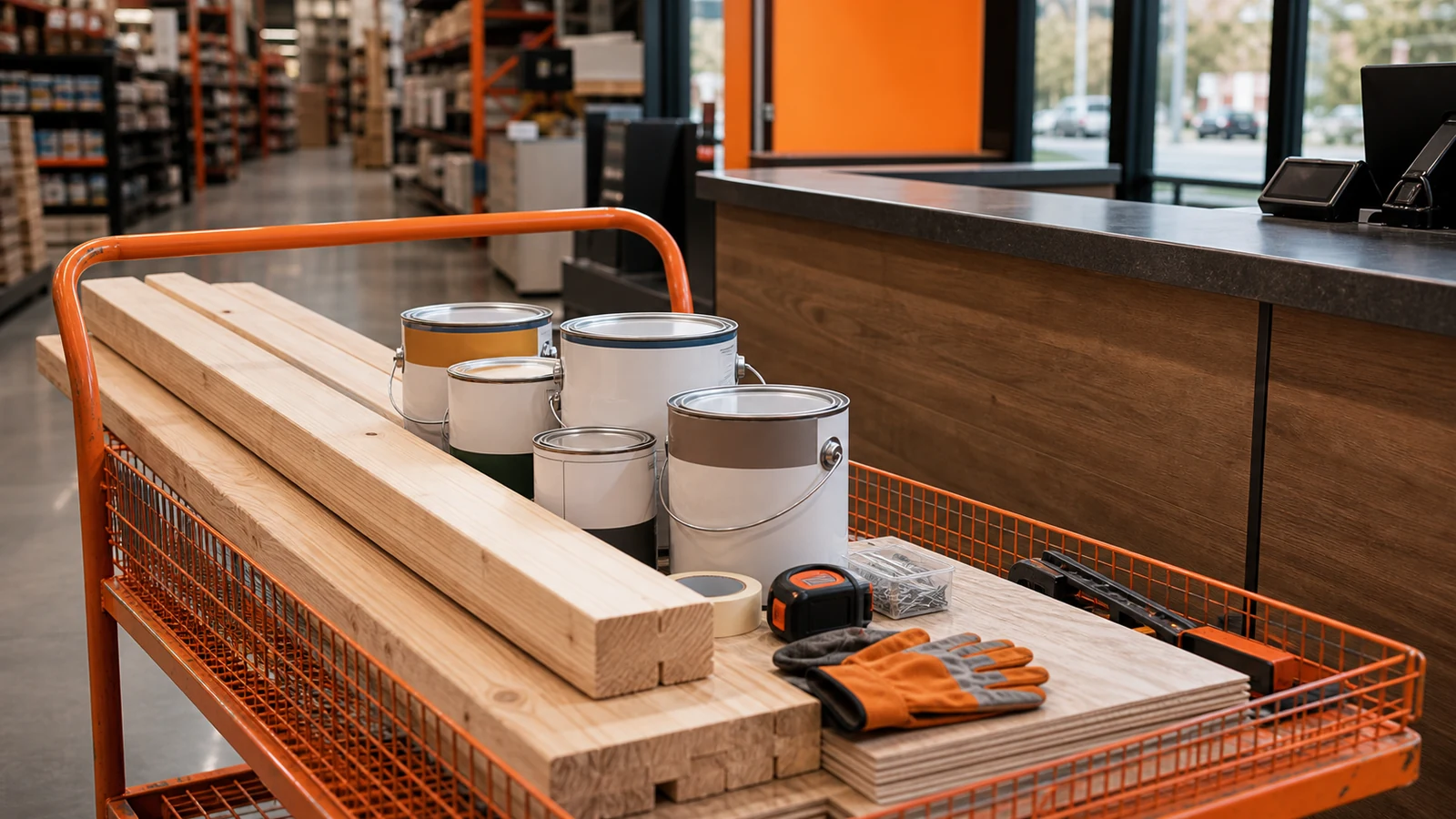 Project cart and pickup counter with orange work gloves and no logos or text.