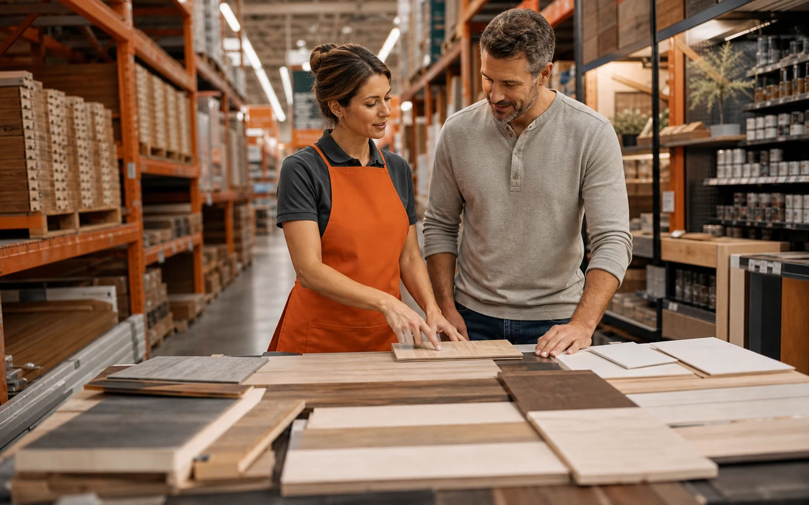 Orange-apron associate helping a customer compare project materials inside a warehouse-format home-improvement store.