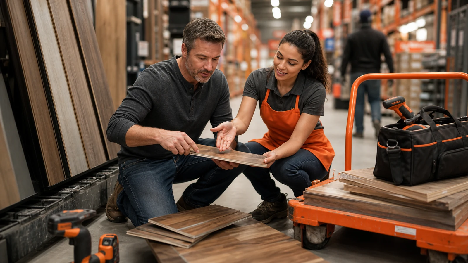 Orange-apron associate helping a shopper with project materials and no legible signage.