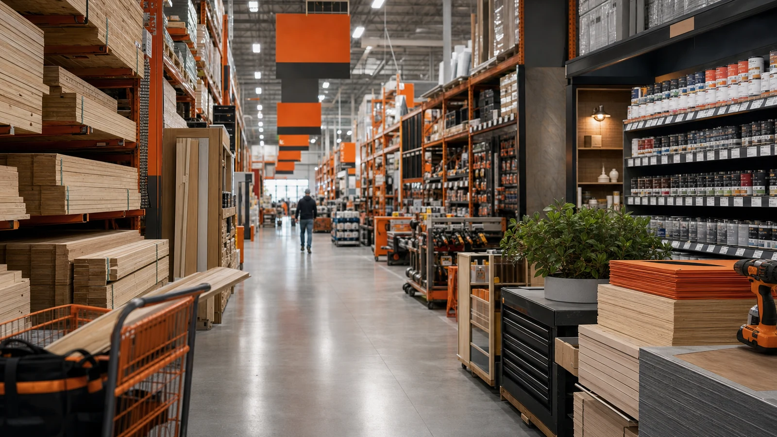 Large home-improvement aisle with orange wayfinding color and no legible signage.