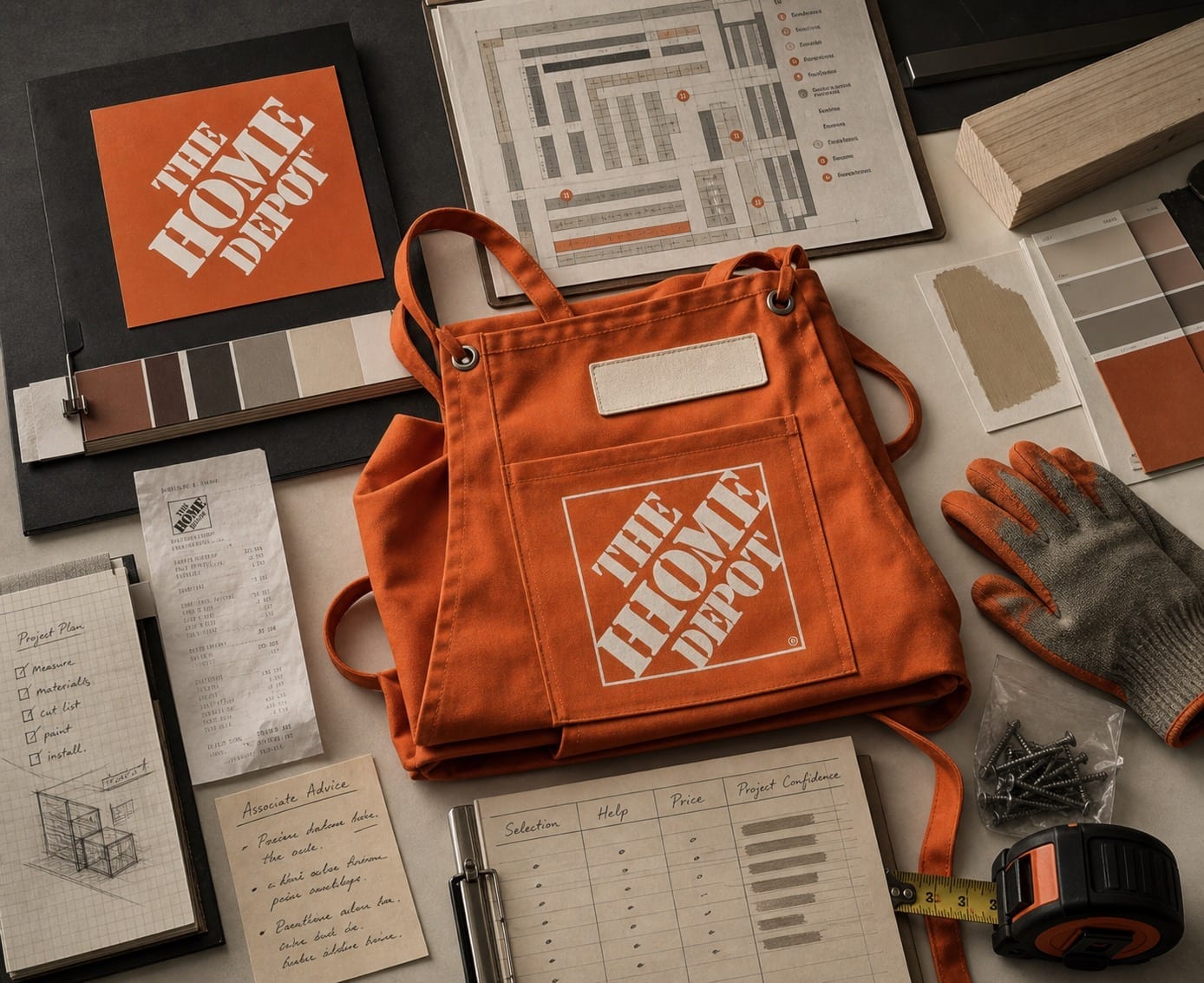 Premium editorial still-life of a Home Depot orange-apron project-system case with a Home Depot source-mark card, central orange associate apron, paint swatches, tape measure, work glove, screws, lumber sample, project checklist, aisle map, receipt, and selection-help-price trust ledger