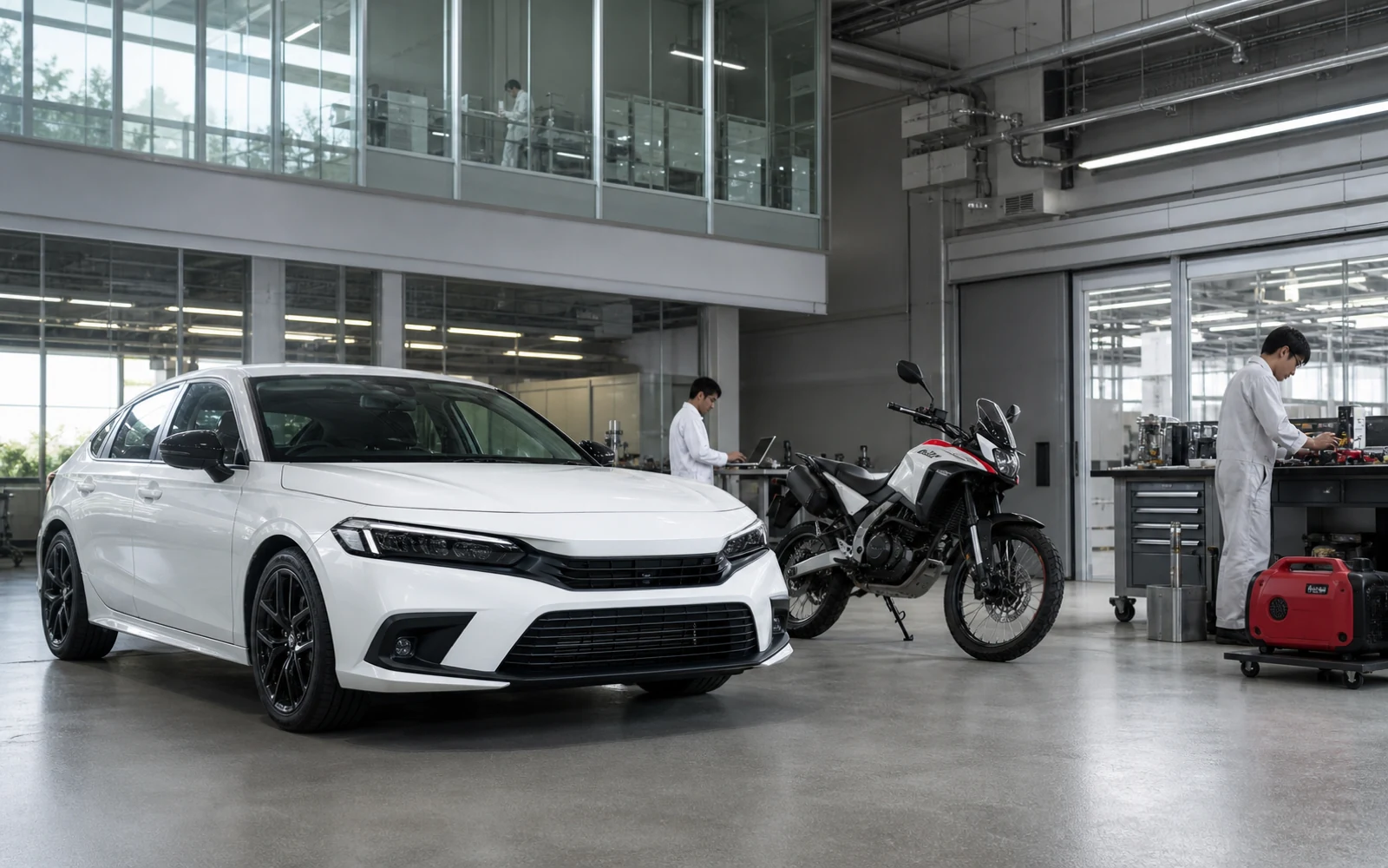 Honda mobility-family scene showing car, motorcycle, and power-equipment proof without reusing the Civic product visual.