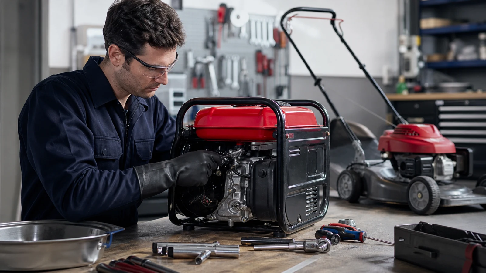 Technician servicing compact power equipment in a workshop.