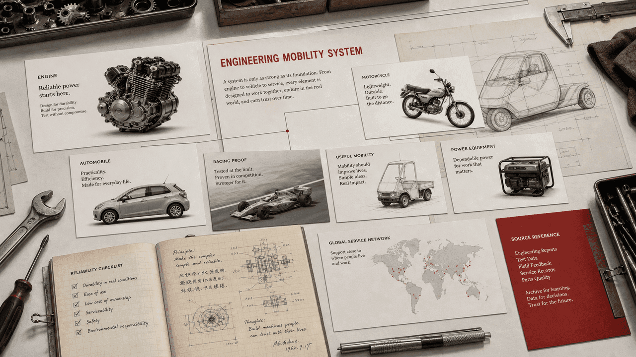 Premium editorial still-life of a Honda engineering mobility case with engine card, motorcycle card, small car sketch, power equipment card, racing proof sheet, reliability checklist, workshop notebook, global service map, and red source-reference card