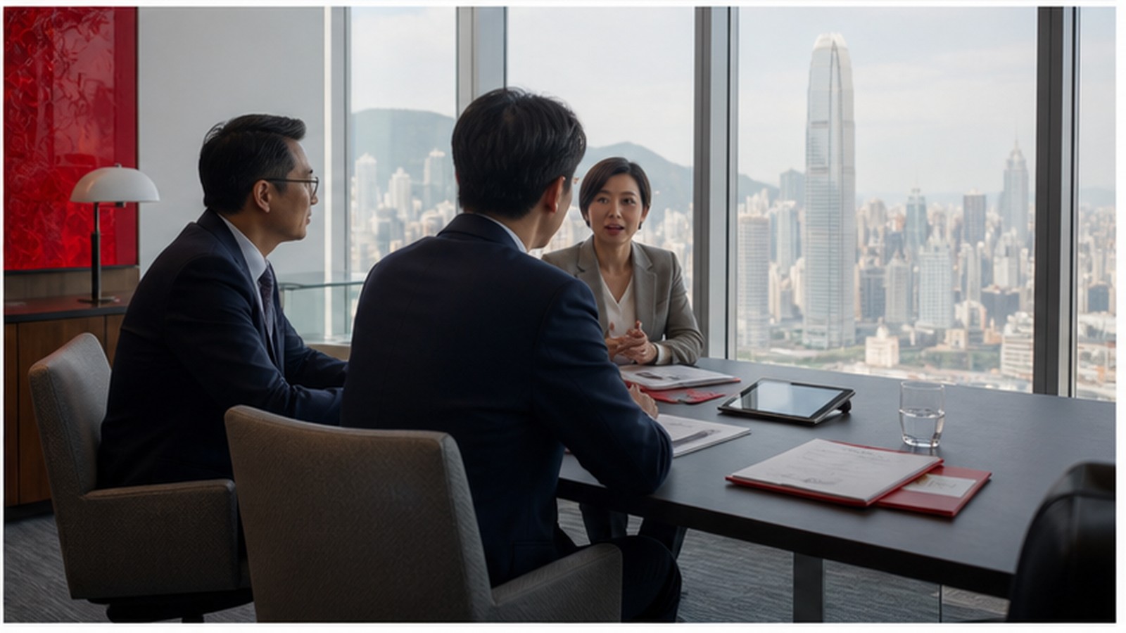 Advisers and clients meeting in a Hong Kong office with restrained HSBC-red materials.