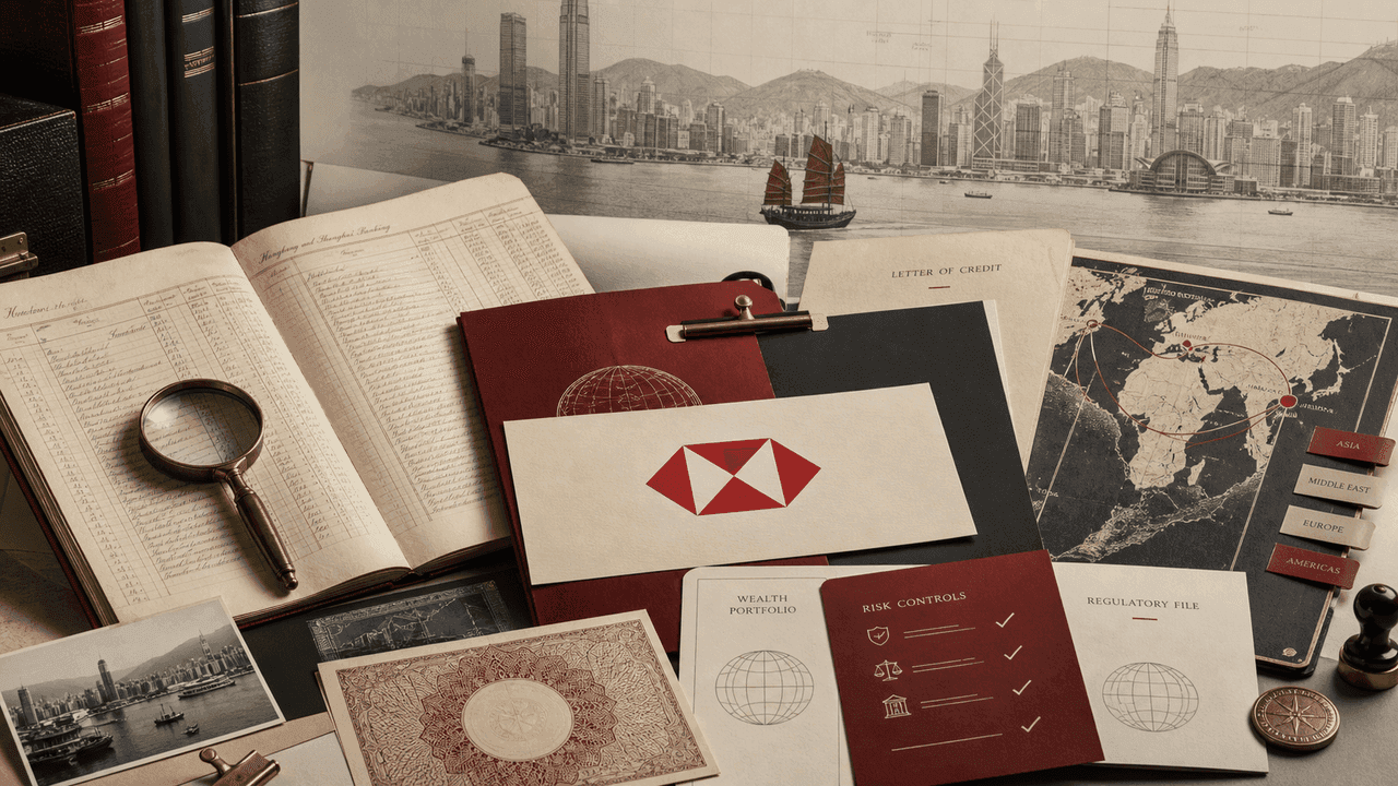 Premium editorial still-life for the HSBC case with Hong Kong trade ledger, shipping route map, branch network tabs, wealth account card, risk-control file, and red-and-white source-mark card