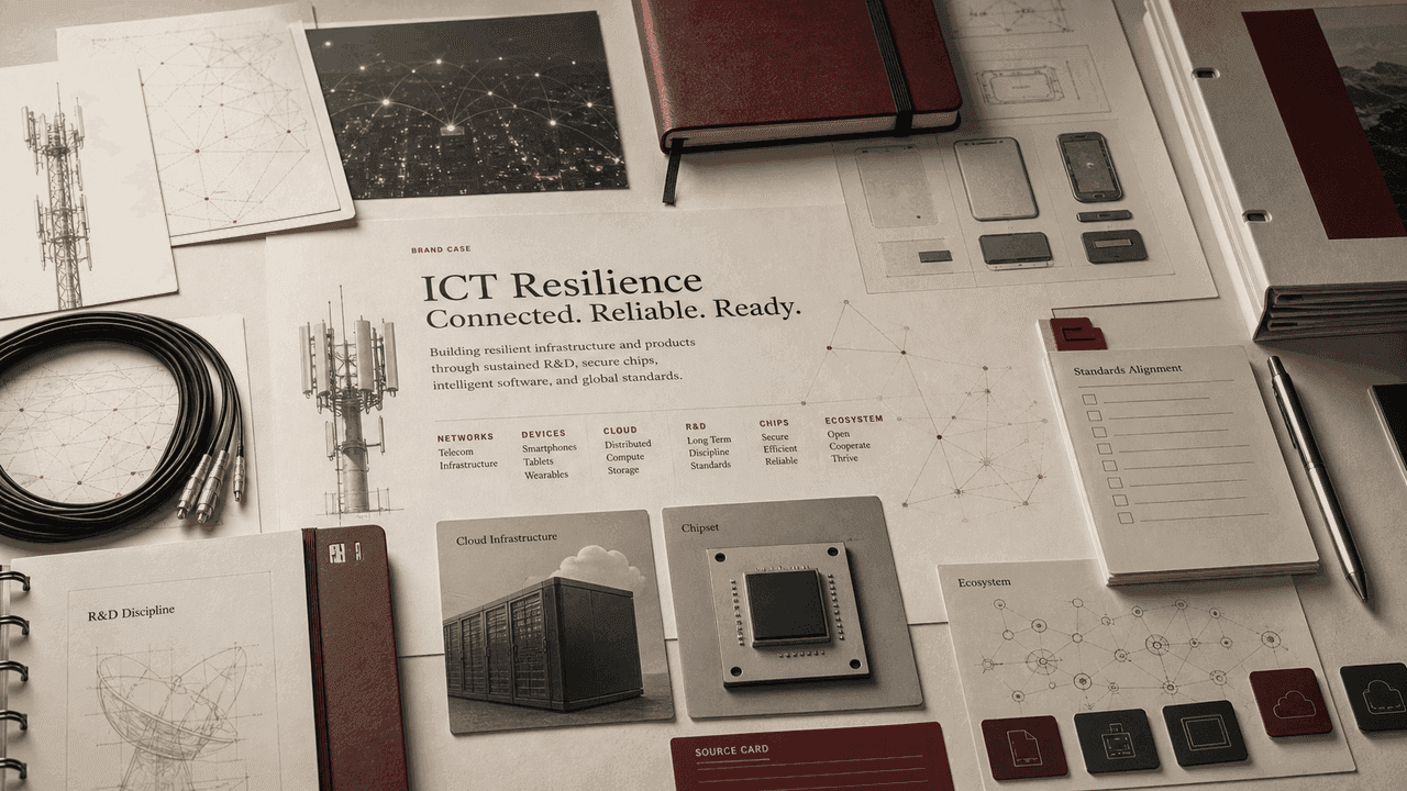 Premium editorial still-life of a Huawei ICT resilience case with telecom tower drawings, network maps, device studies, chipset card, cloud infrastructure card, standards checklist, and red source card