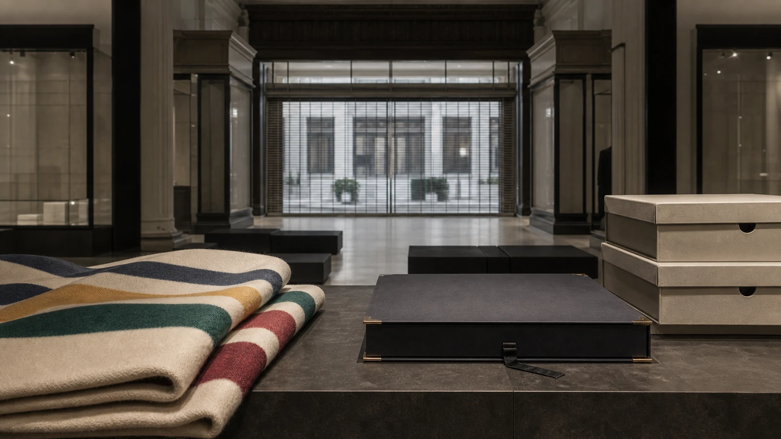 Multistripe textiles, an archival portfolio case, and blank boxes inside a closed grand retail interior.