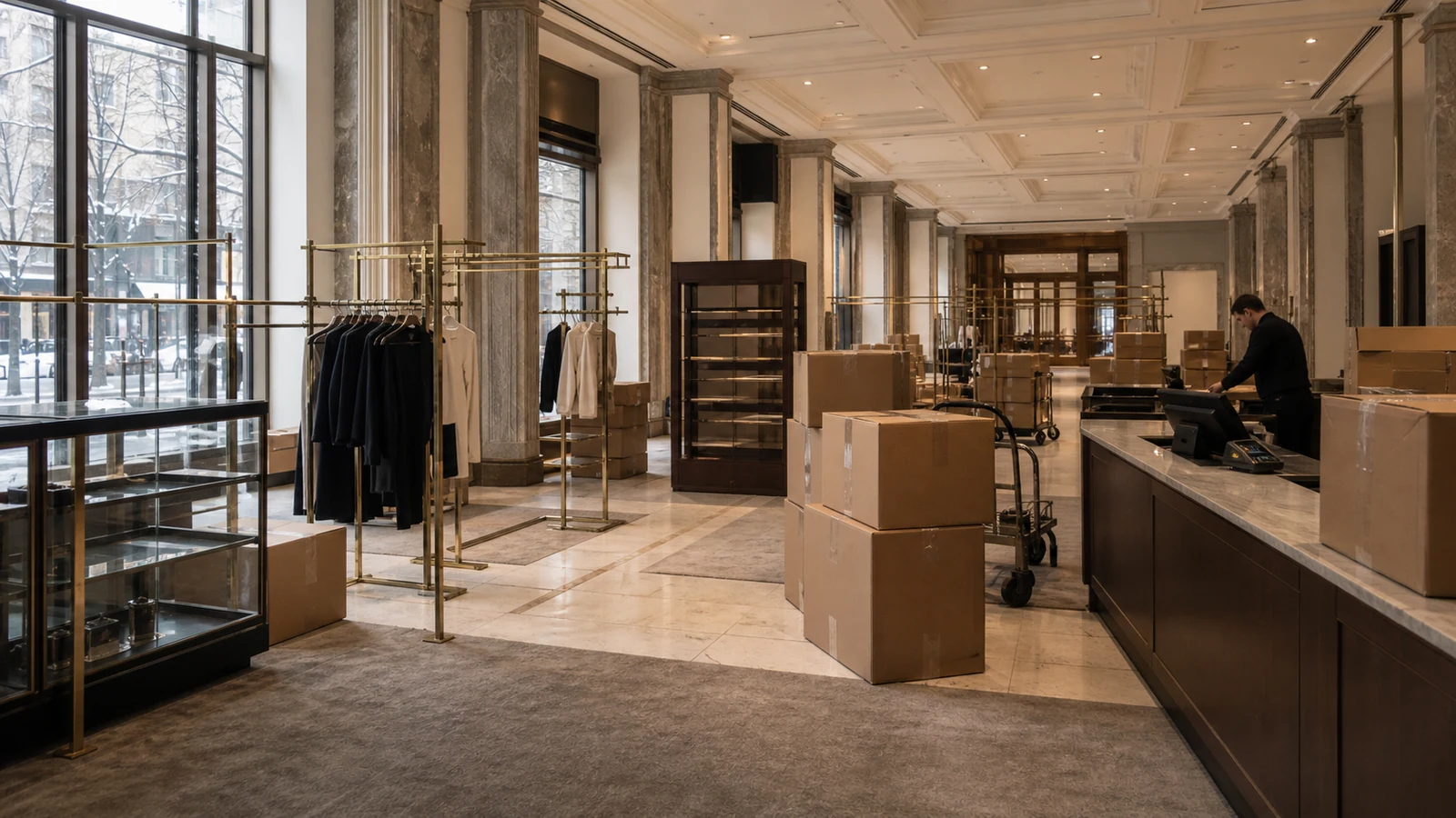A mostly cleared heritage department-store floor with sparse clothing rails, boxes, and a closed counter.
