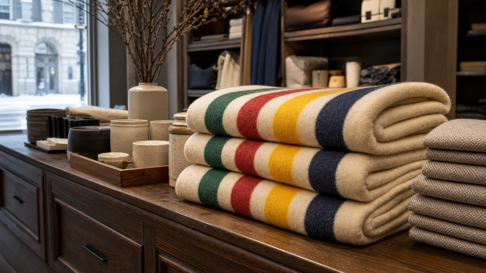 Folded cream wool blankets with parallel green, red, yellow, and indigo stripes on a wood counter.