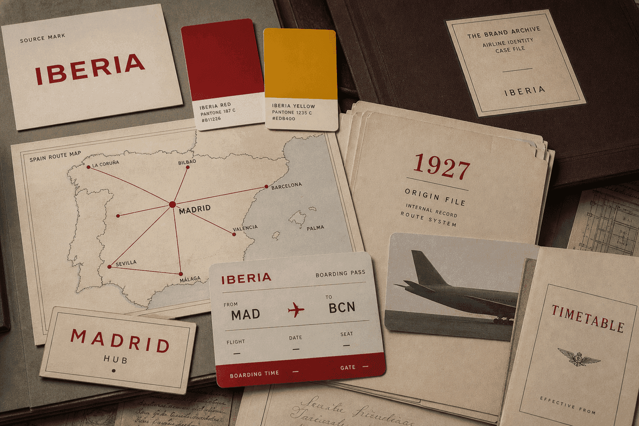 Premium editorial still-life of an Iberia red tail route case with source-mark card, red and yellow color cards, Spain route map, 1927 origin file, blank boarding pass, aircraft tail silhouette, timetable folder, and Madrid hub card