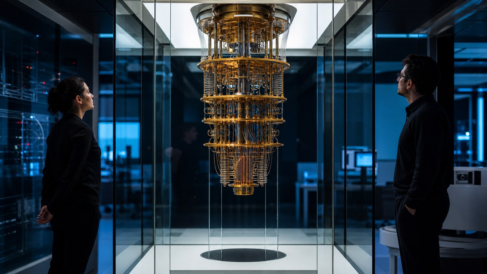 Quantum computing cryogenic system in a deep-blue research laboratory.