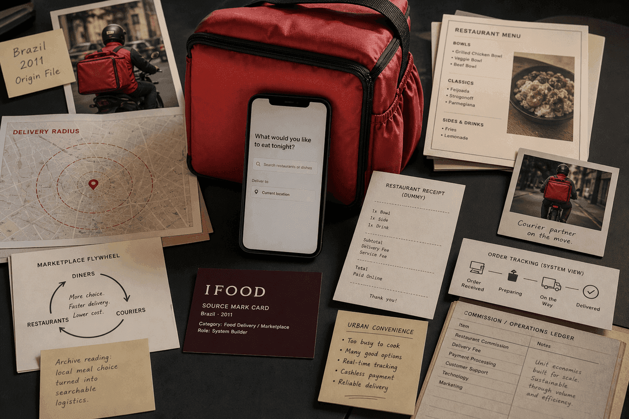 Premium editorial still-life of an iFood delivery marketplace case with source-mark card, red insulated delivery bag, blank phone order screen, restaurant receipt dummy, 2011 Brazil origin file, delivery radius map, restaurant menu cards, and marketplace flywheel note