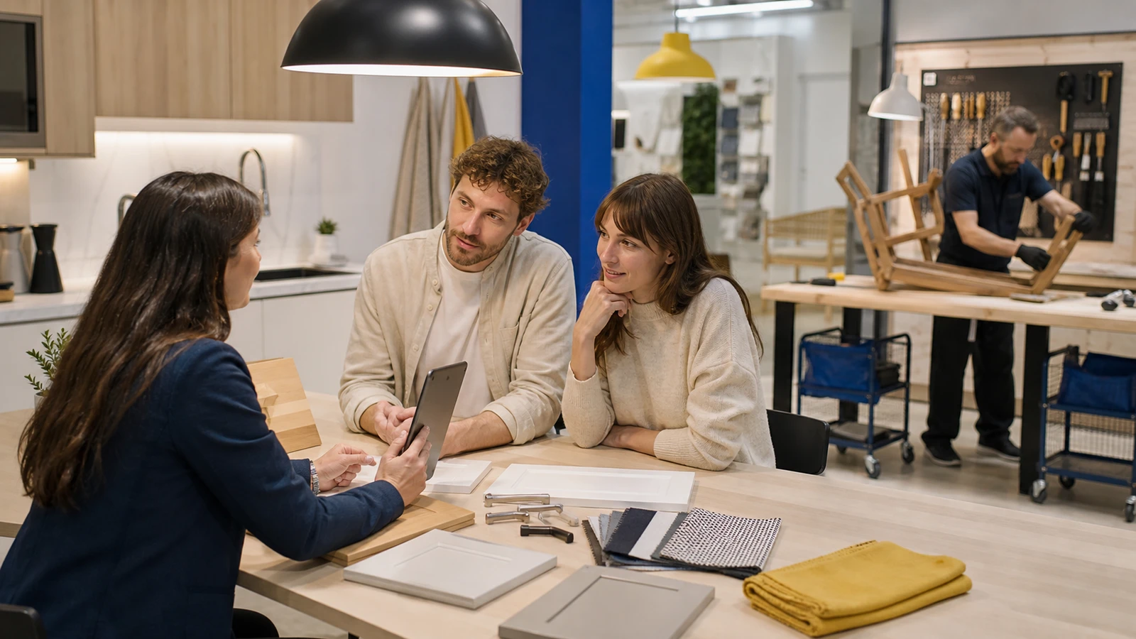 A home-planning consultation with kitchen samples beside a furniture repair and reuse service bench.