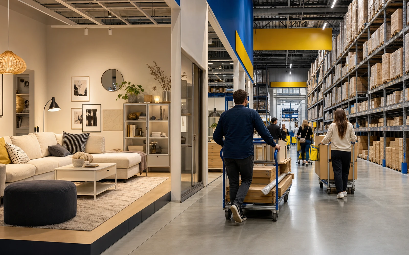 A Scandinavian home-furnishing showroom opening into an orderly self-service flat-pack warehouse.