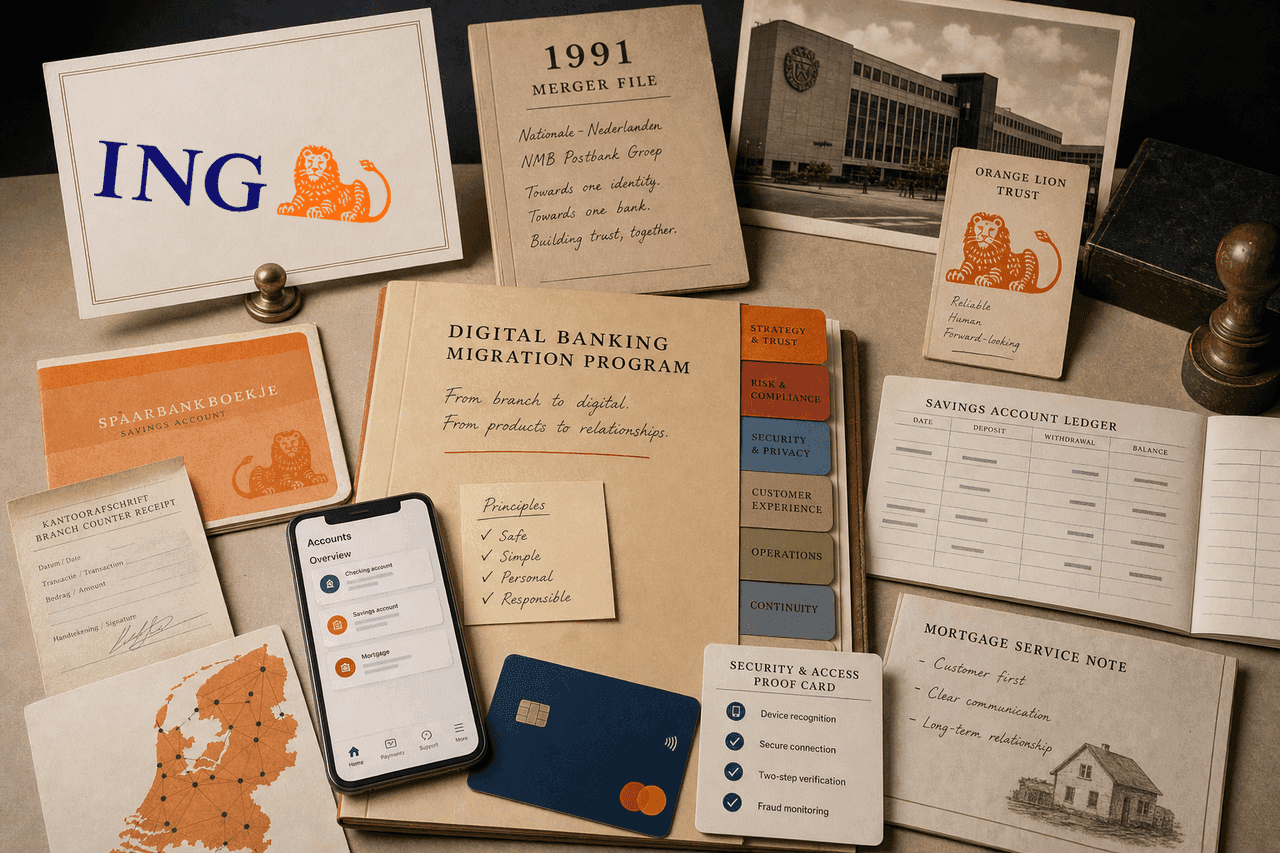 Premium editorial still-life of an ING digital banking trust case with ING source-mark card, 1991 merger file, orange lion trust card, savings passbook, bank card silhouette, mobile banking card, branch receipt, security proof card, and savings ledger