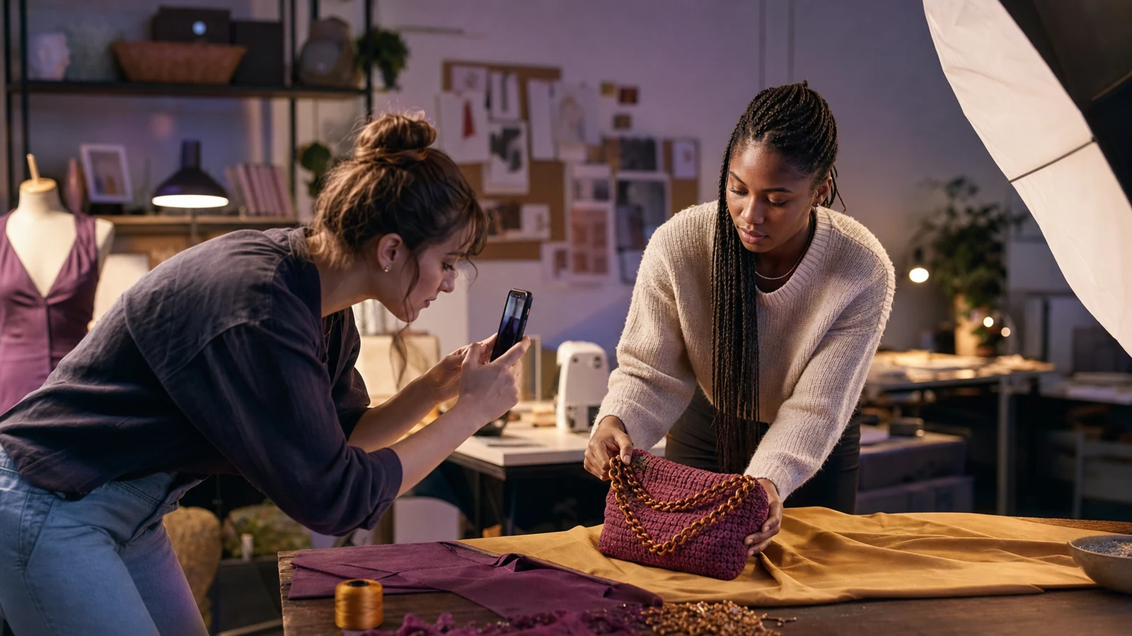 A small fashion business photographs a product with a phone and studio lighting.